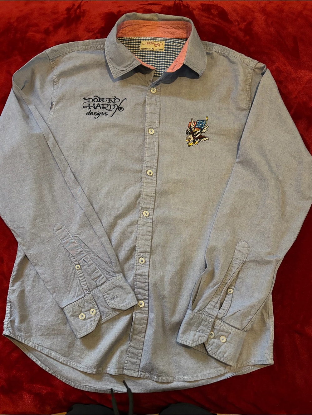 Vintage Ed Hardy Embroidered Eagle Button Up Shirt - Light Blue (Size XL)